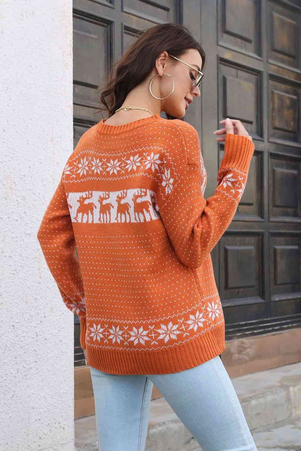 Reindeer & Snowflake Pattern Dropped Shoulder Pullover Sweater - Brinxx Couture