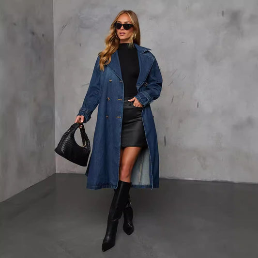 A stylish Retro Denim Windbreaker Coat With Belt for women. this piece adds a touch of elegance to your outfit - Brinxx Couture