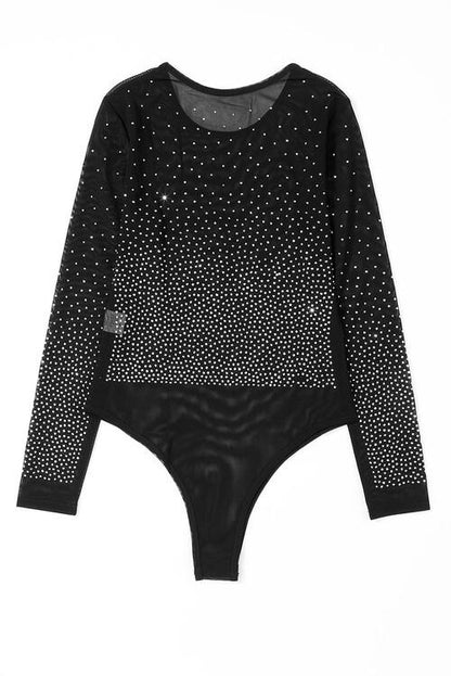 Rhinestone Embellished Mesh Long Sleeve Bodysuit - Brinxx Couture