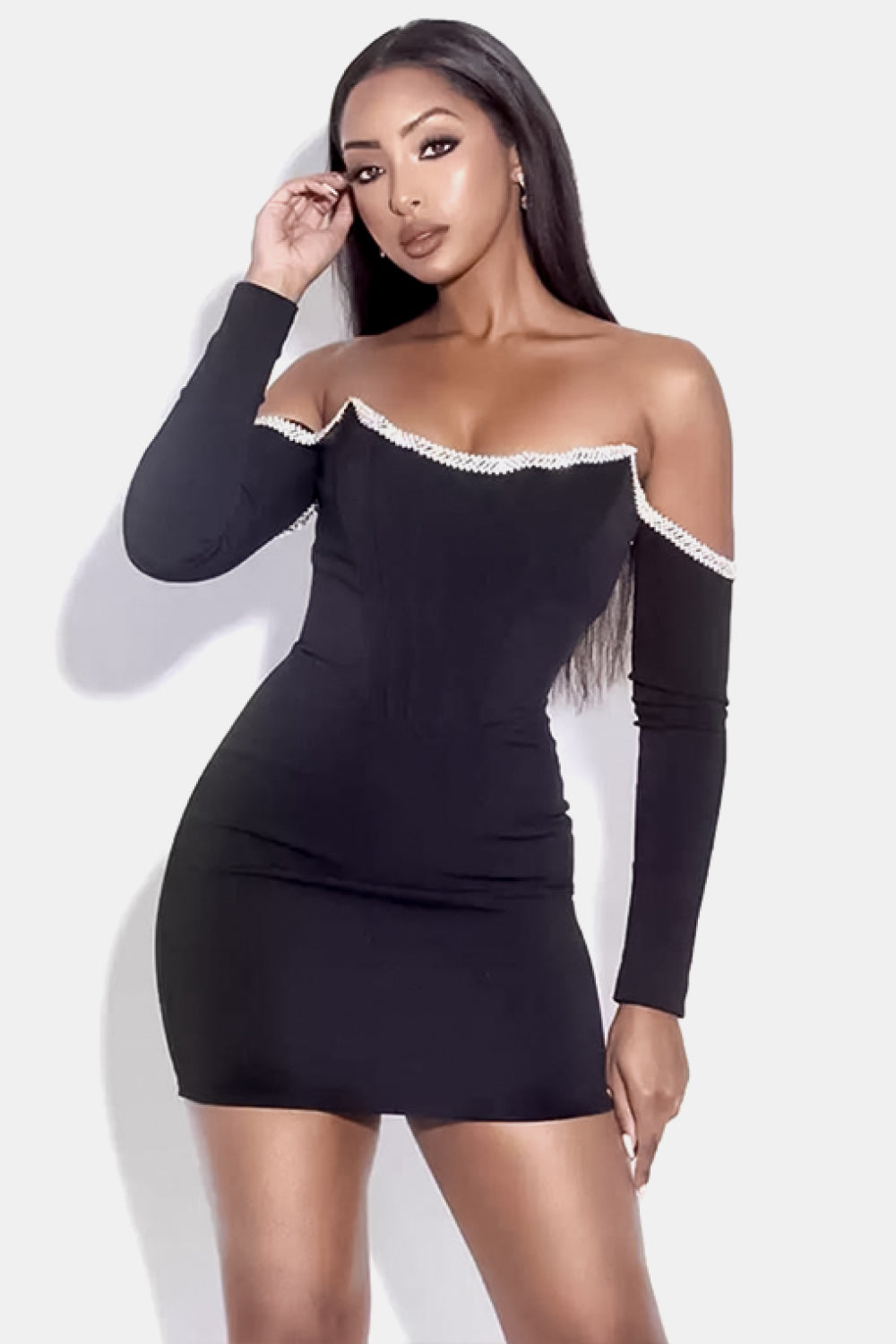 A stylish Rhinestone Trim Off-Shoulder Bandage Dress for women. this piece adds a touch of elegance to your outfit - Brinxx Couture