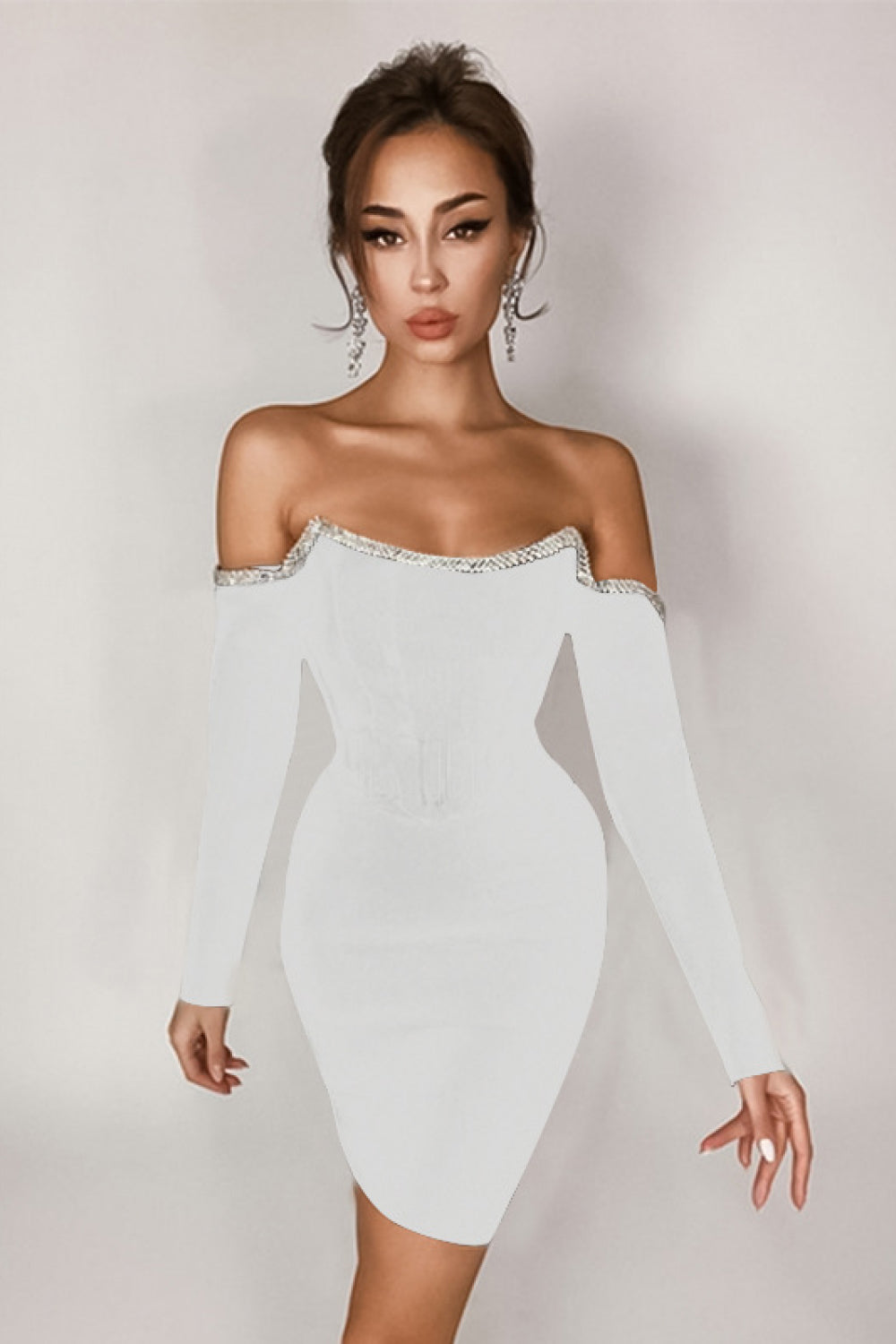 Rhinestone Trim Off-Shoulder Bandage Dress - Brinxx Couture