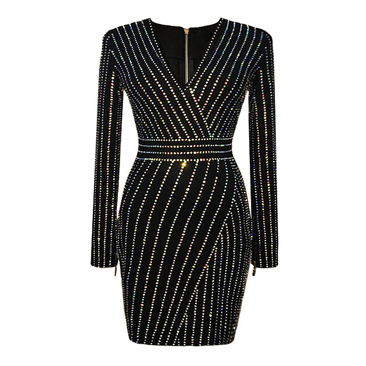 Rhinestone V Neck Long Sleeve Dress - Brinxx Couture