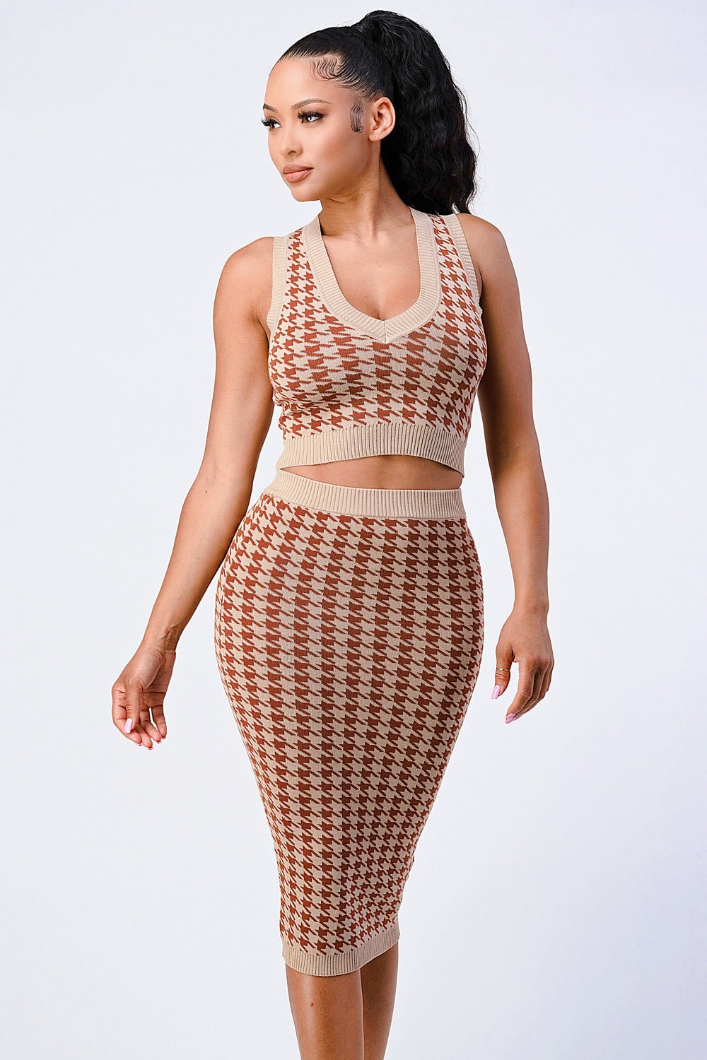 Rib Knit Houndstooth Top And Skirt Set - Brinxx Couture