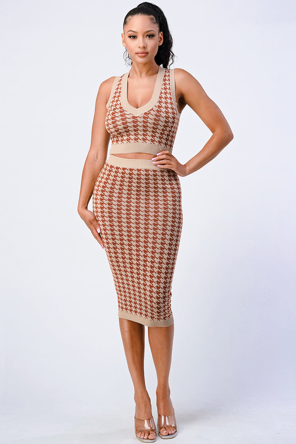 Rib Knit Houndstooth Top And Skirt Set - Brinxx Couture