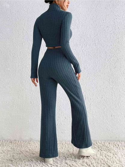 Ribbed Cropped Sweater & High Waist Pants Set - Brinxx Couture