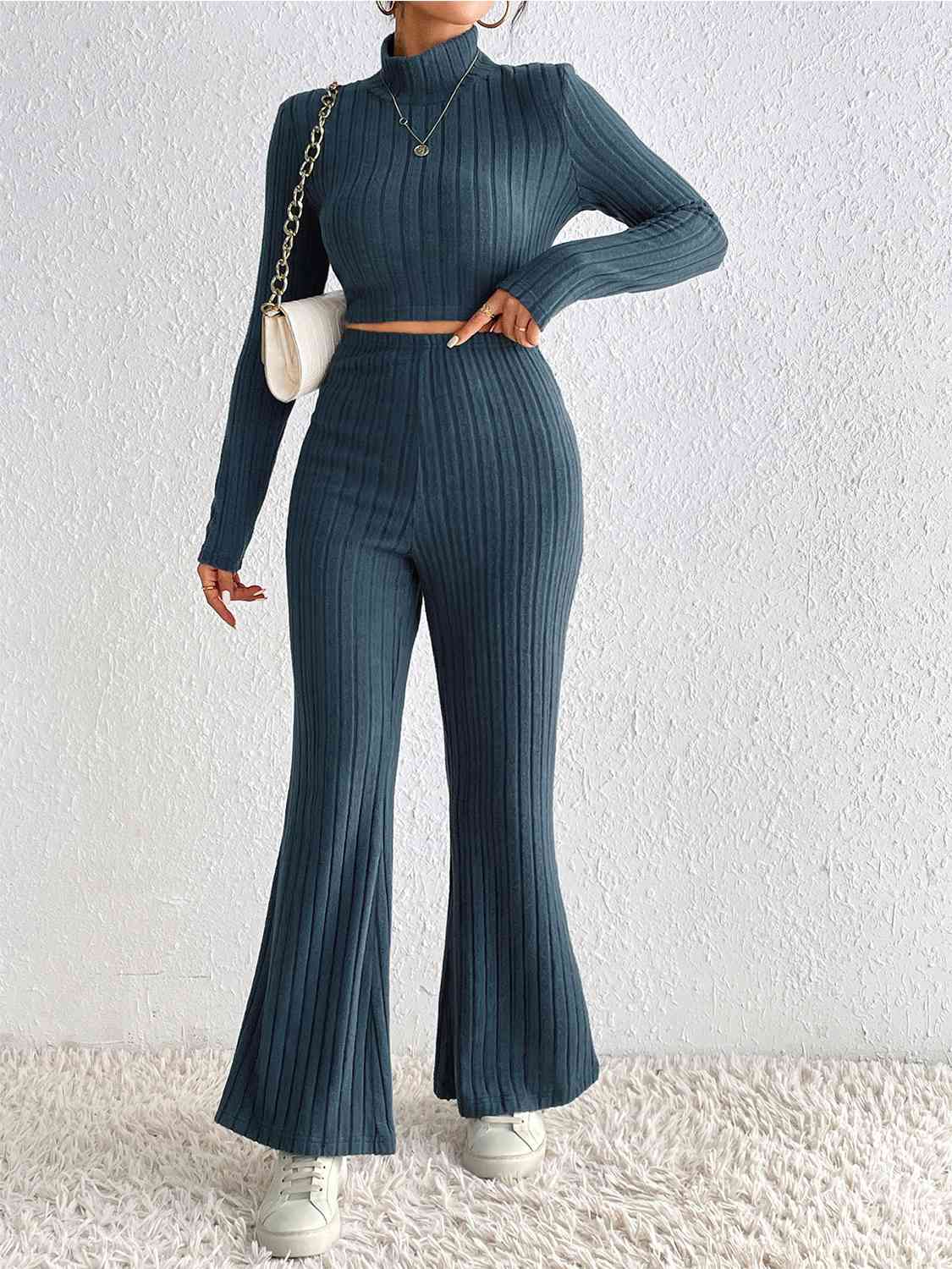 Ribbed Cropped Sweater & High Waist Pants Set - Brinxx Couture