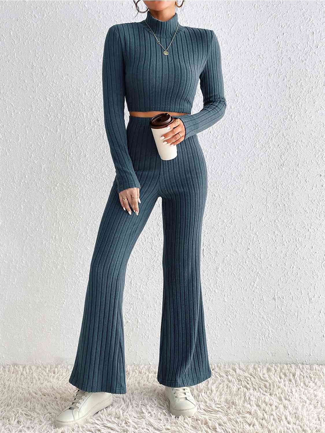 Ribbed Cropped Sweater & High Waist Pants Set - Brinxx Couture