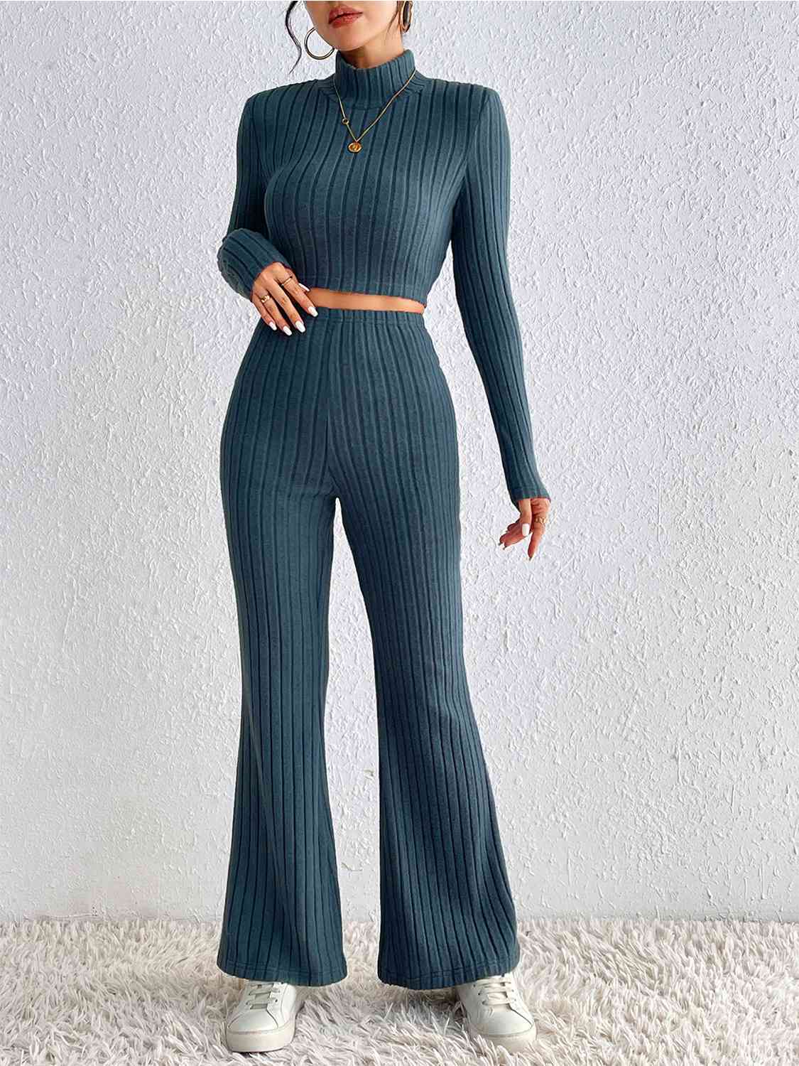 Ribbed Cropped Sweater & High Waist Pants Set - Brinxx Couture