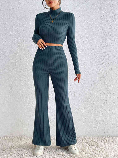 Ribbed Cropped Sweater & High Waist Pants Set - Brinxx Couture