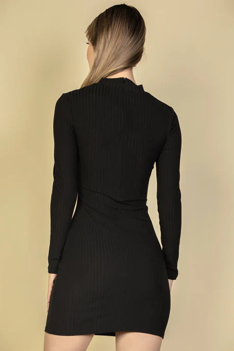 Ribbed Cut Out Long Sleeve Bodycon Dress - Brinxx Couture