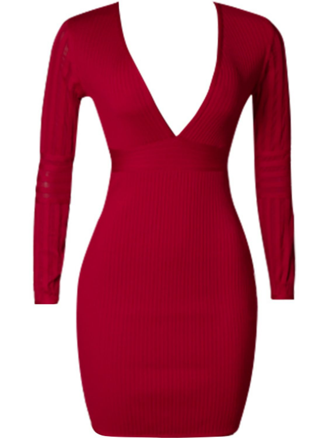 Ribbed Deep V Long Sleeve Mini Bandage Dress - Brinxx Couture