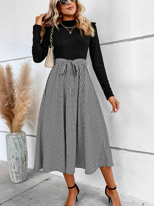 Ribbed Long Sleeve Tie Waist Midi Dress - Brinxx Couture