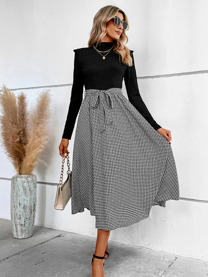 Ribbed Long Sleeve Tie Waist Midi Dress - Brinxx Couture