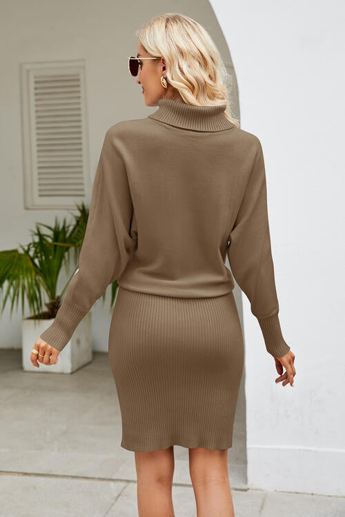 Ribbed Mock Neck Long Sleeve Dress - Brinxx Couture