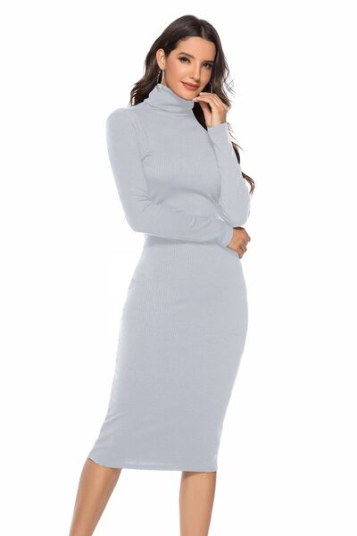 Ribbed Turtleneck Long Sleeve Dress - Brinxx Couture