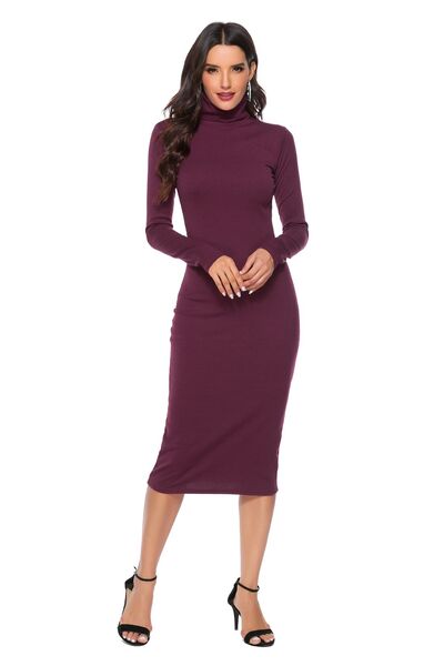 Ribbed Turtleneck Long Sleeve Dress - Brinxx Couture