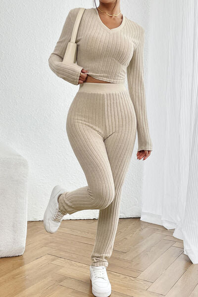 Ribbed V-Neck Long Sleeve Cropped Top and Pants Set - Brinxx Couture