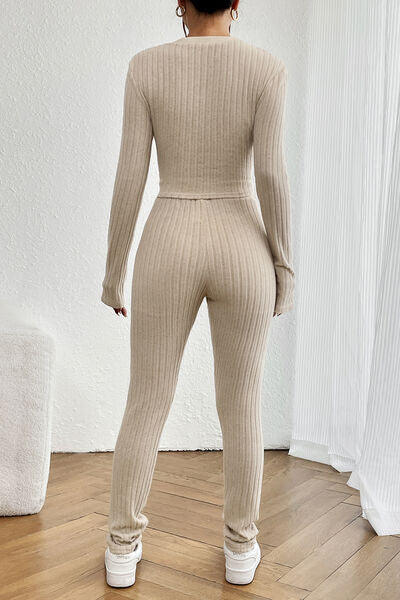 Ribbed V-Neck Long Sleeve Cropped Top and Pants Set - Brinxx Couture