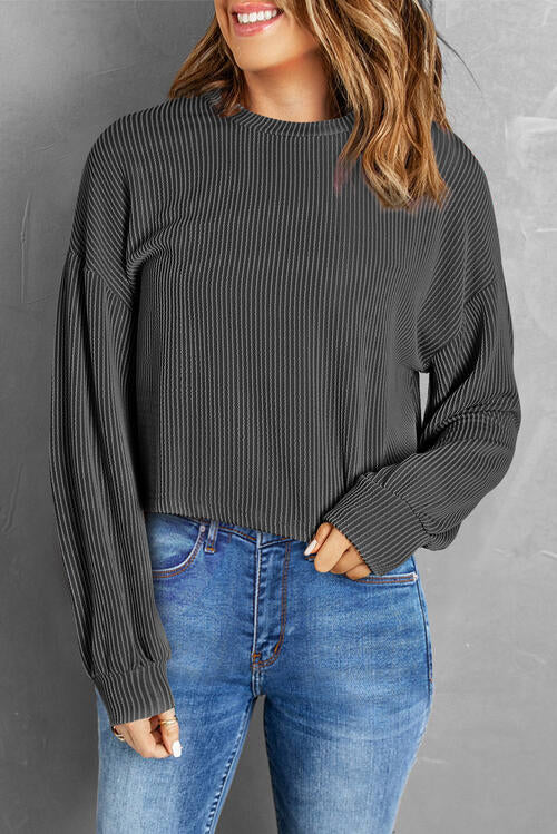 Round Neck Drop Shoulder Long Sleeve Top - Brinxx Couture