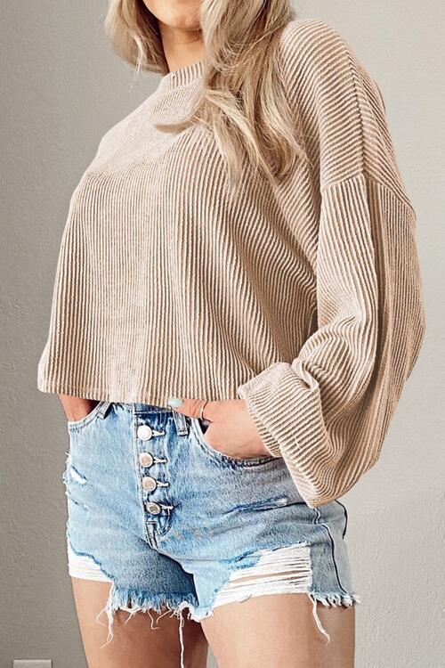 Round Neck Drop Shoulder Long Sleeve Top - Brinxx Couture