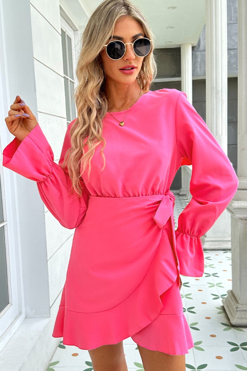 Round Neck Flounce Sleeve Ruffle Hem Mini Dress - Brinxx Couture