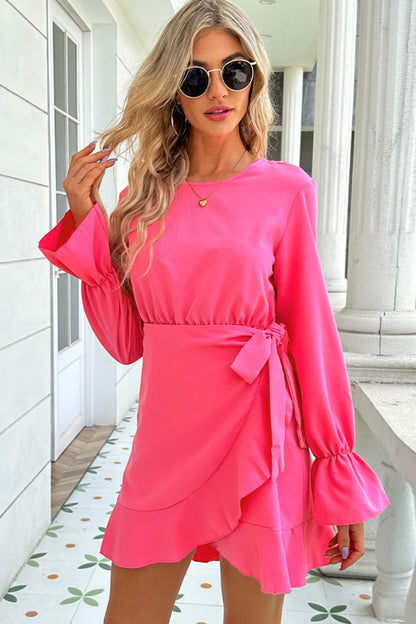 Round Neck Flounce Sleeve Ruffle Hem Mini Dress - Brinxx Couture