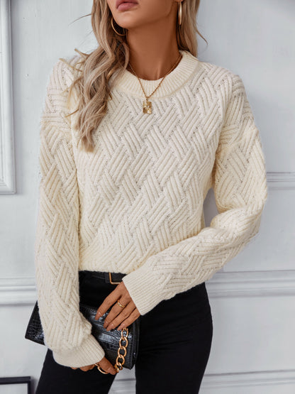 A stylish Round Neck Long Sleeve Woven Sweater for women. this piece adds a touch of elegance to your outfit - Brinxx Couture