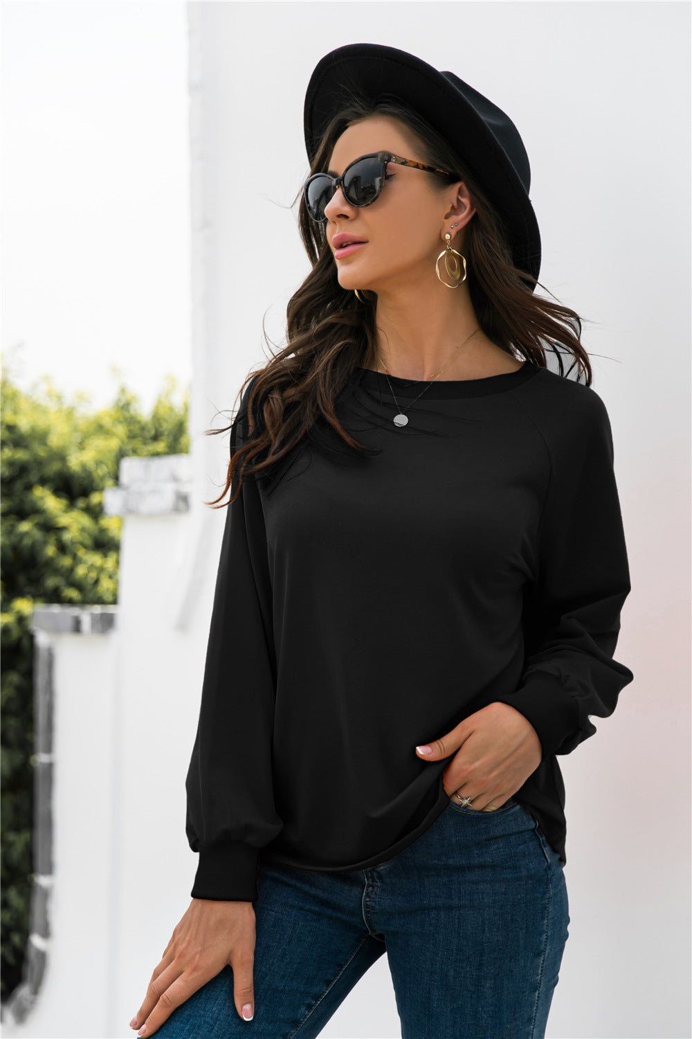 Round Neck Raglan Sleeve Sweatshirt - Brinxx Couture