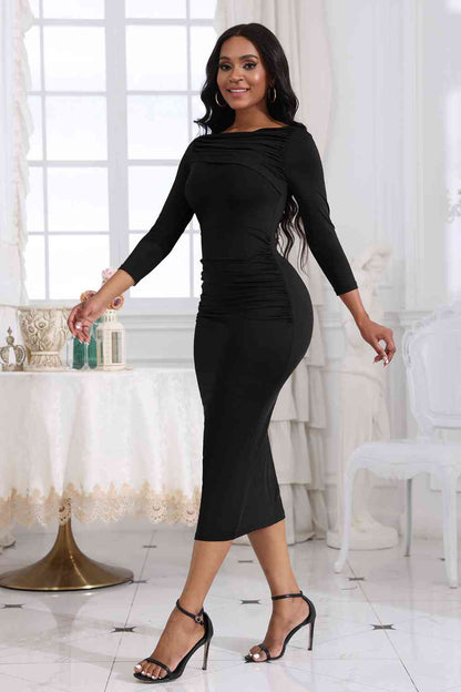 Ruched Boat Neck Midi Dress - Brinxx Couture