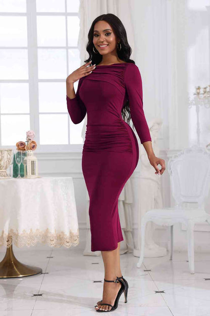 Ruched Boat Neck Midi Dress - Brinxx Couture