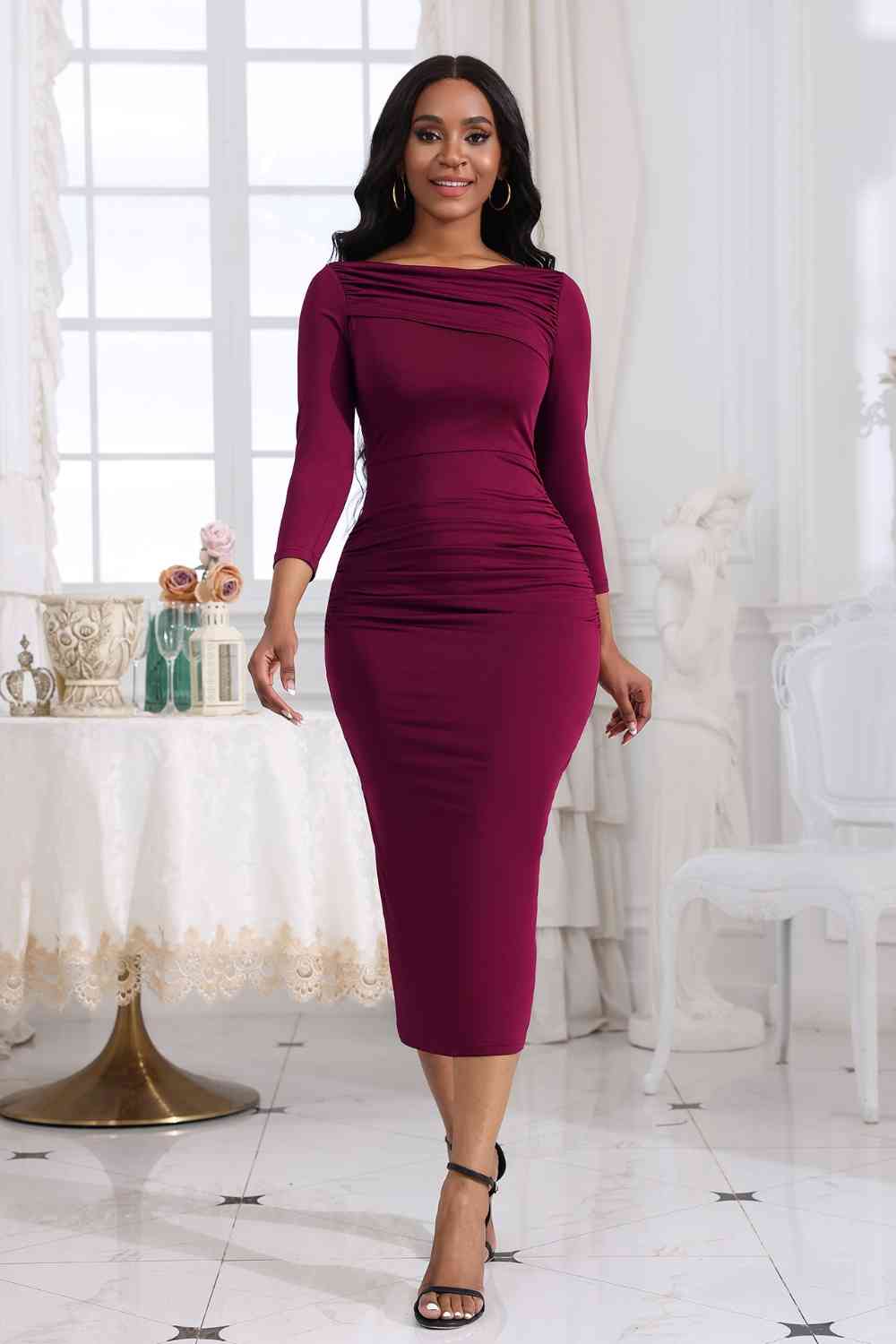 Ruched Boat Neck Midi Dress - Brinxx Couture