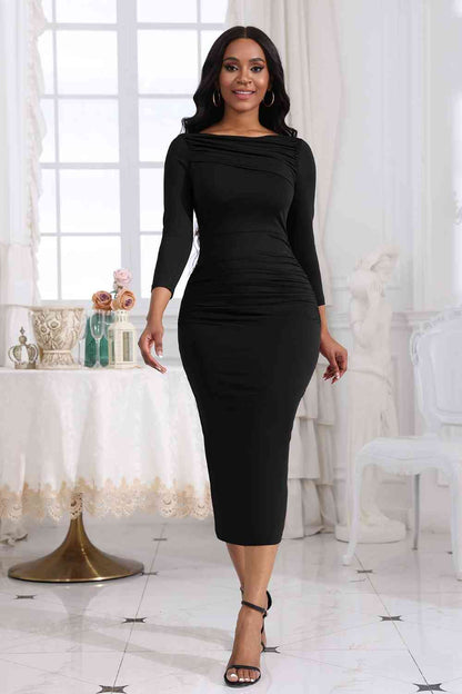 Ruched Boat Neck Midi Dress - Brinxx Couture