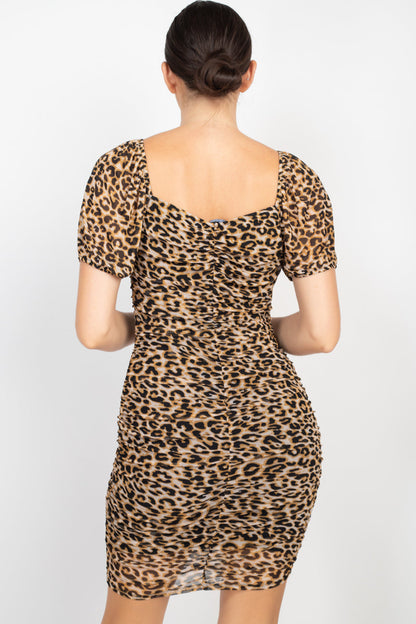 Ruched Leopard Print Bodycon Mini Dress - Brinxx Couture