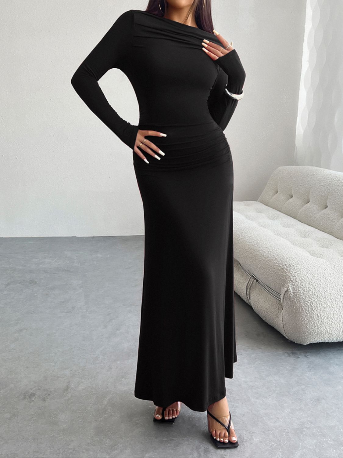 Ruched Long Sleeve Maxi Dress - Brinxx Couture