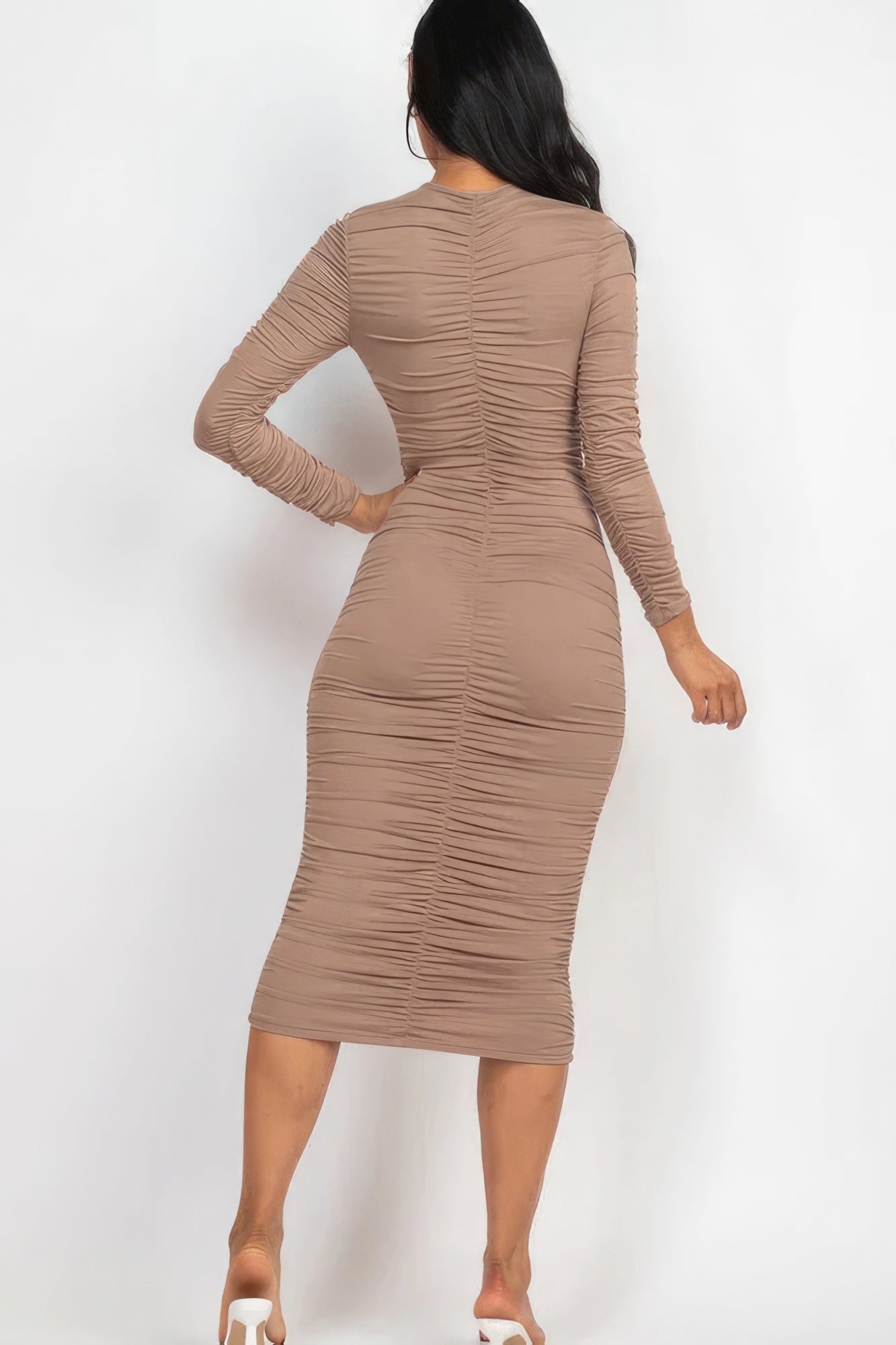 A stylish Ruched Midi Dress Long Sleeve for women. this piece adds a touch of elegance to your outfit - Brinxx Couture