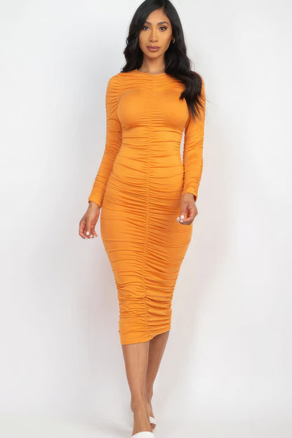 A stylish Ruched Midi Dress Long Sleeve for women. this piece adds a touch of elegance to your outfit - Brinxx Couture