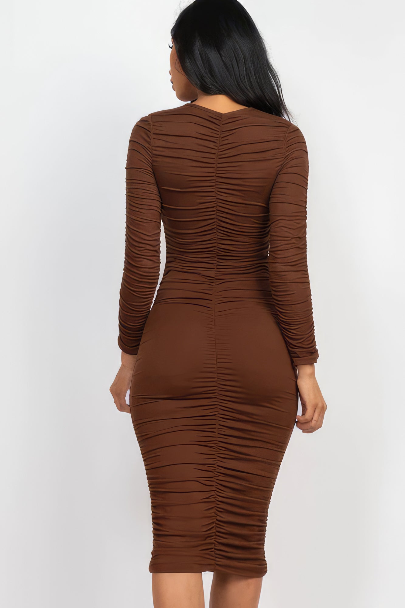 A stylish Ruched Midi Dress Long Sleeve for women. this piece adds a touch of elegance to your outfit - Brinxx Couture