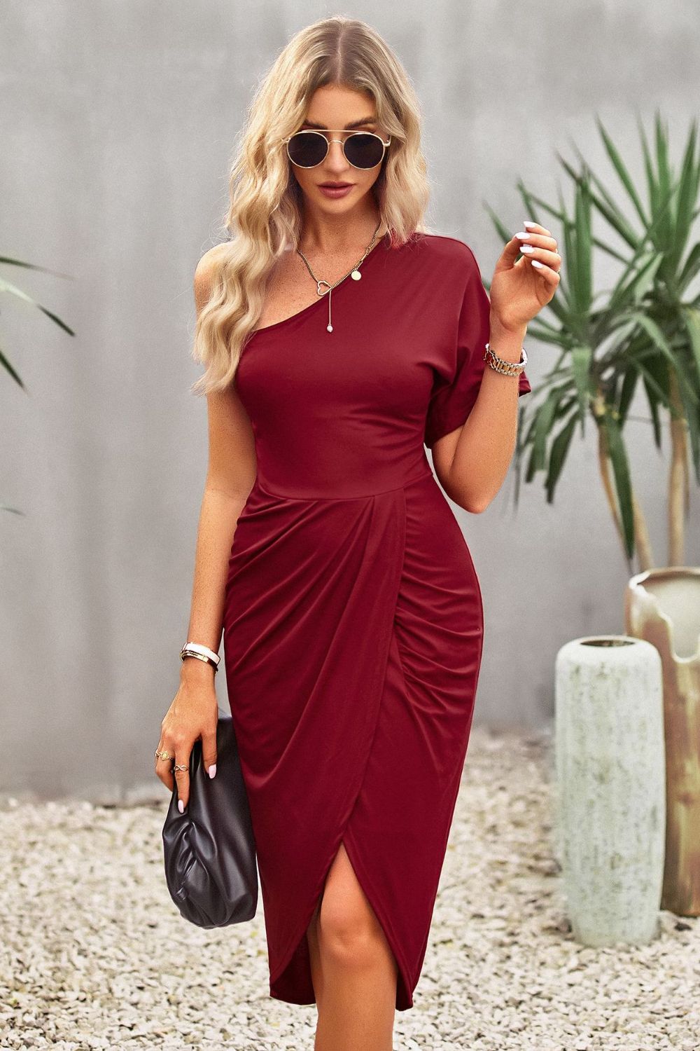 Ruched One-Shoulder Tulip Hem Dress - Brinxx Couture