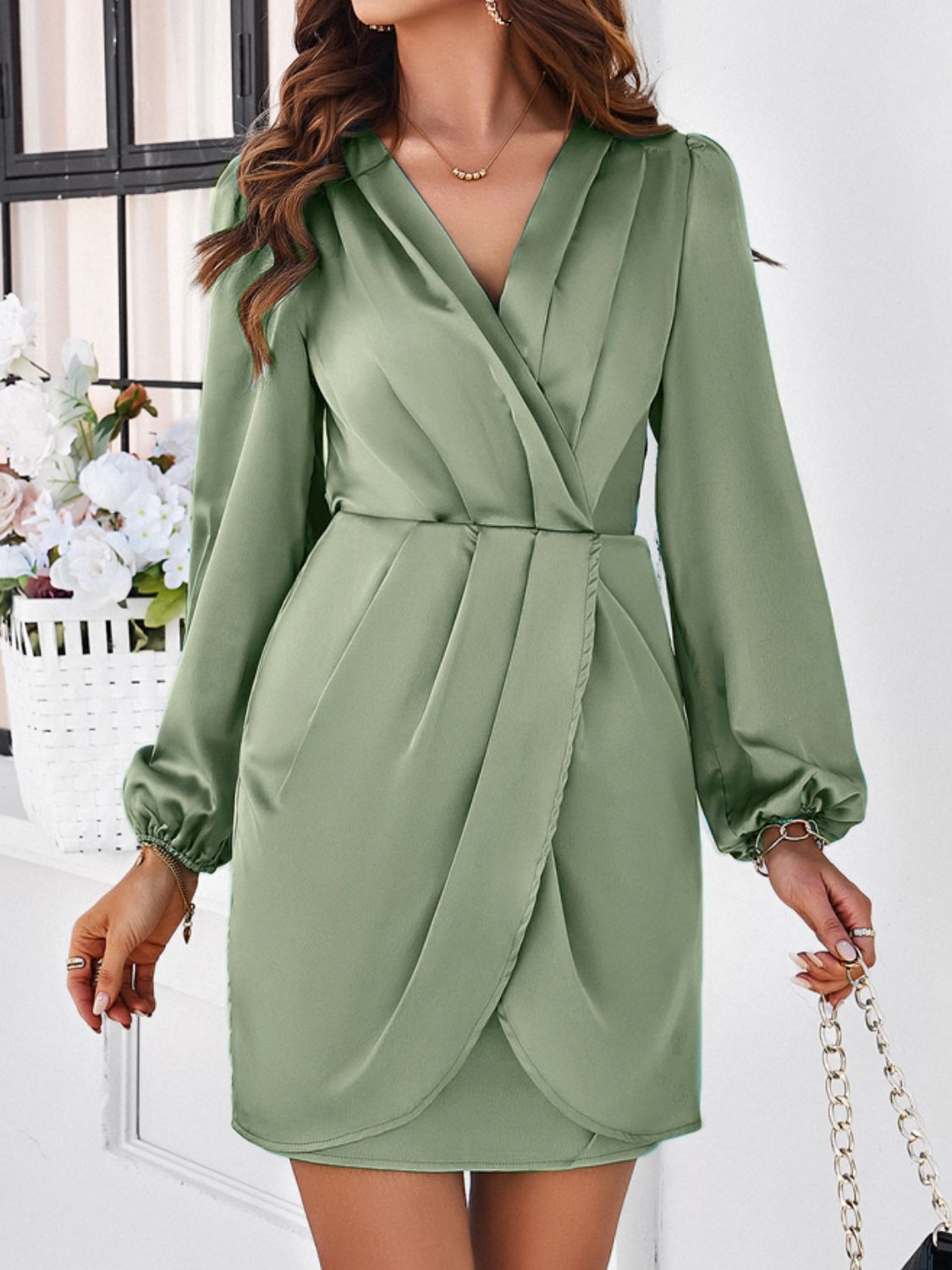 Ruched Surplice Long Sleeve Mini Dress - Brinxx Couture