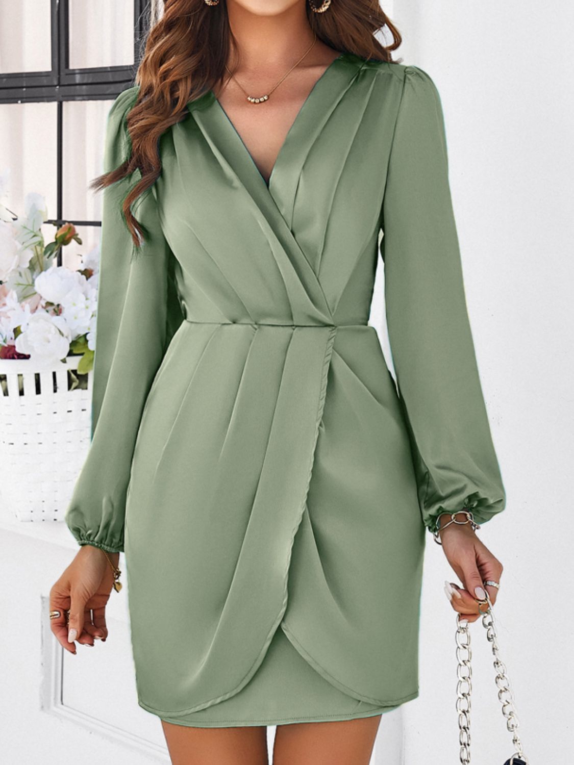 Ruched Surplice Long Sleeve Mini Dress - Brinxx Couture