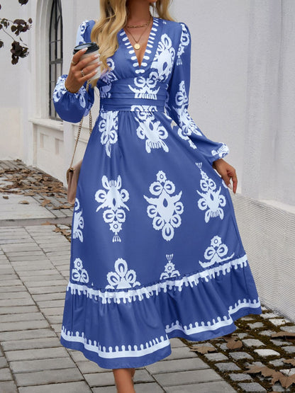 Ruffled Printed Plunge Long Sleeve Dress - Brinxx Couture