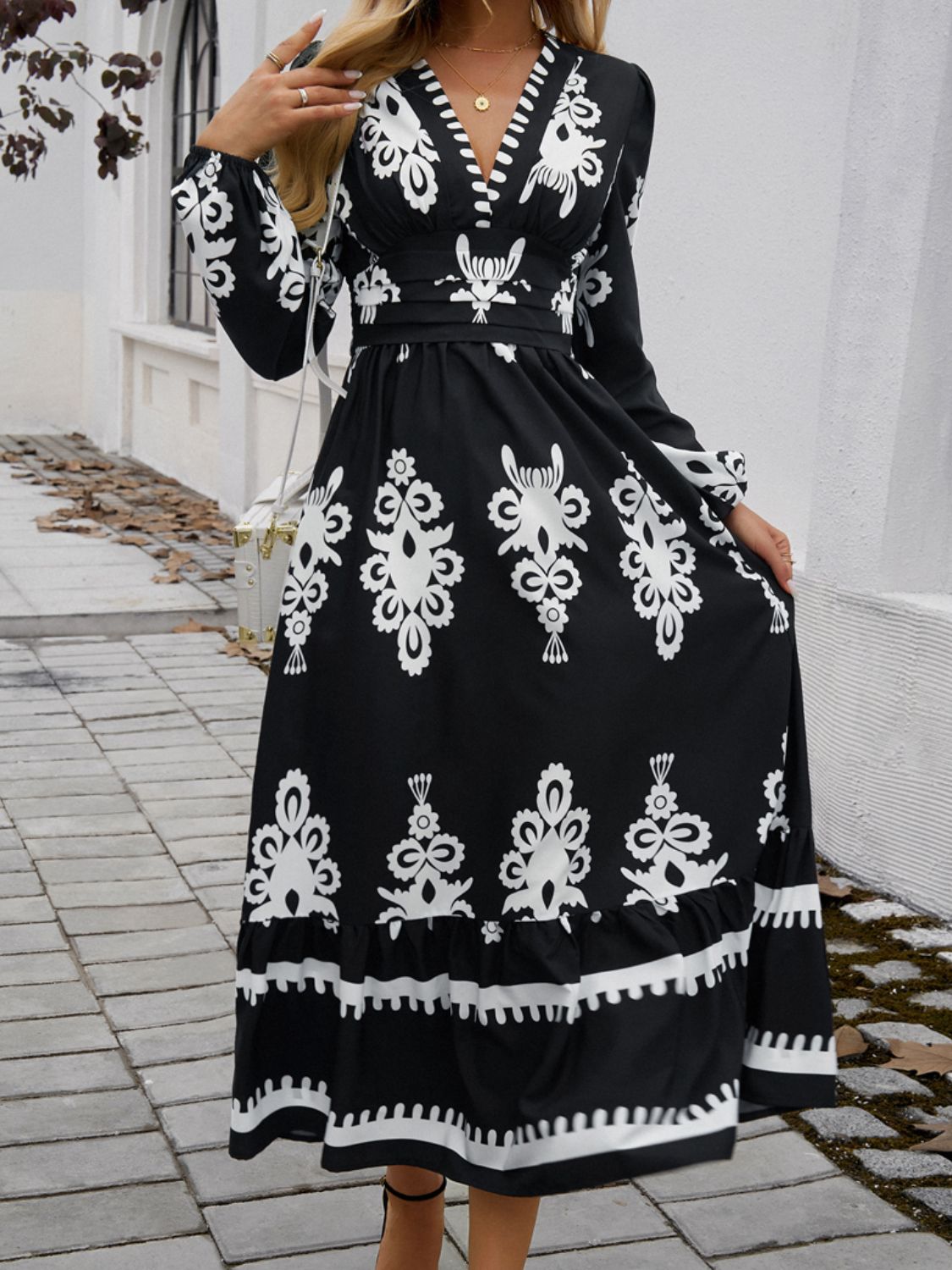 Ruffled Printed Plunge Long Sleeve Dress - Brinxx Couture