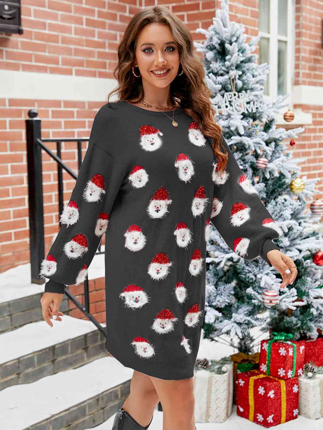 Santa Dropped Shoulder Sweater Dress - Brinxx Couture