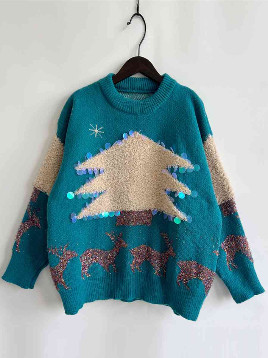 Sequin Christmas Tree & Reindeer Round Neck Sweater - Brinxx Couture