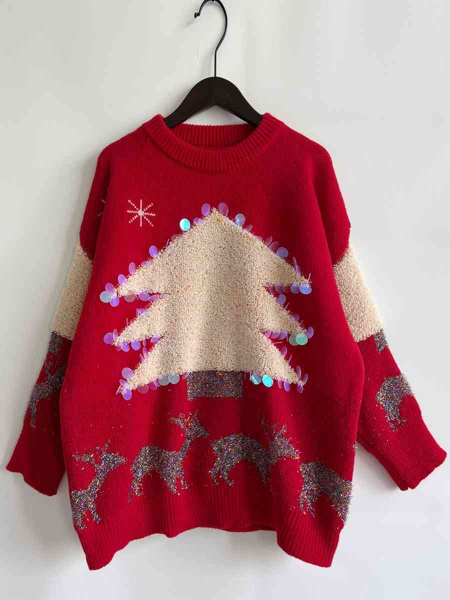 Sequin Christmas Tree & Reindeer Round Neck Sweater - Brinxx Couture