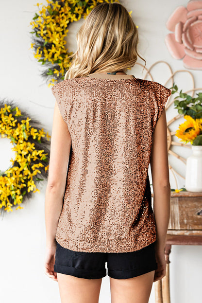 Sequin Round Neck Capped Sleeve Tank - Brinxx Couture