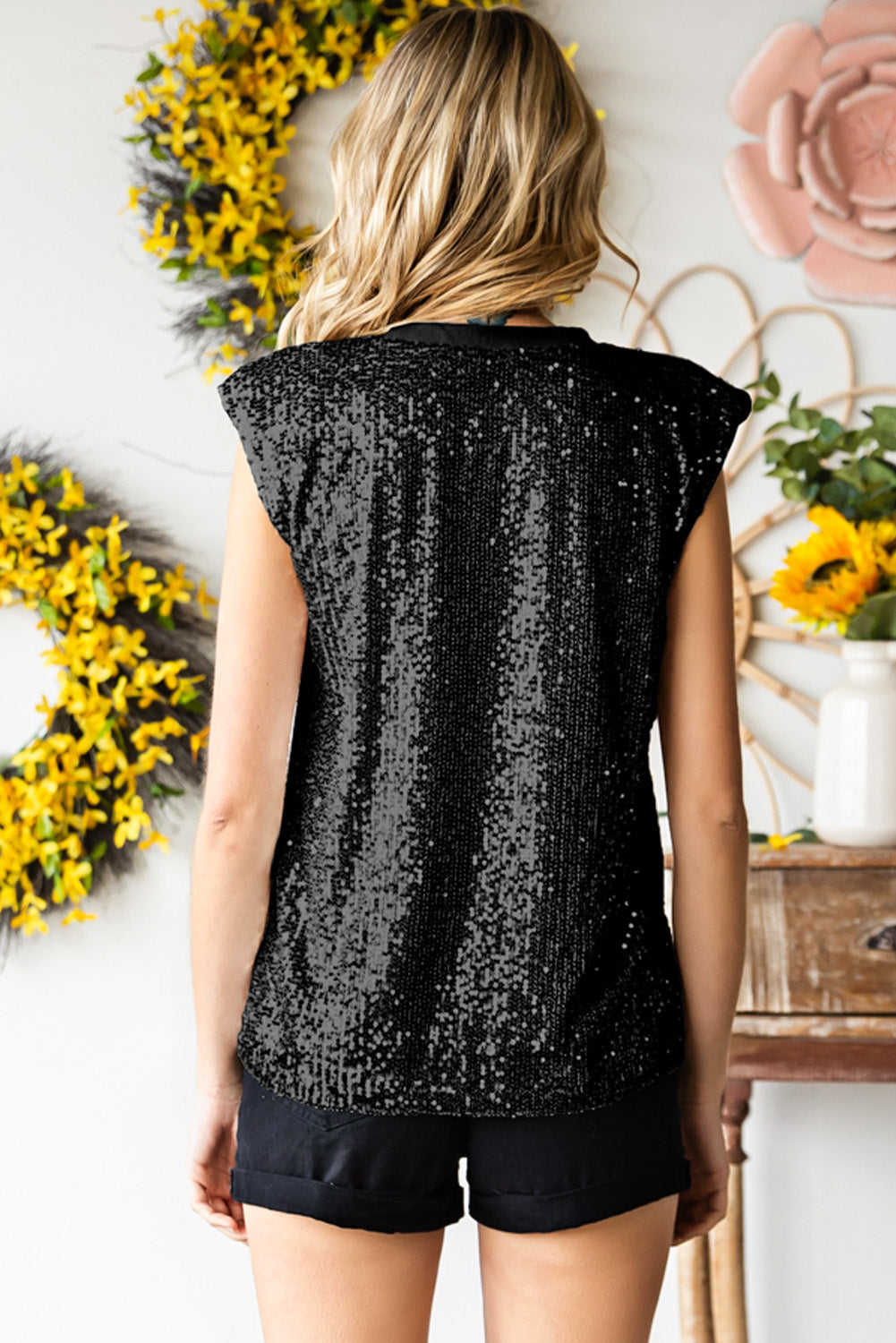 Sequin Round Neck Capped Sleeve Tank - Brinxx Couture