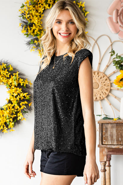 Sequin Round Neck Capped Sleeve Tank - Brinxx Couture