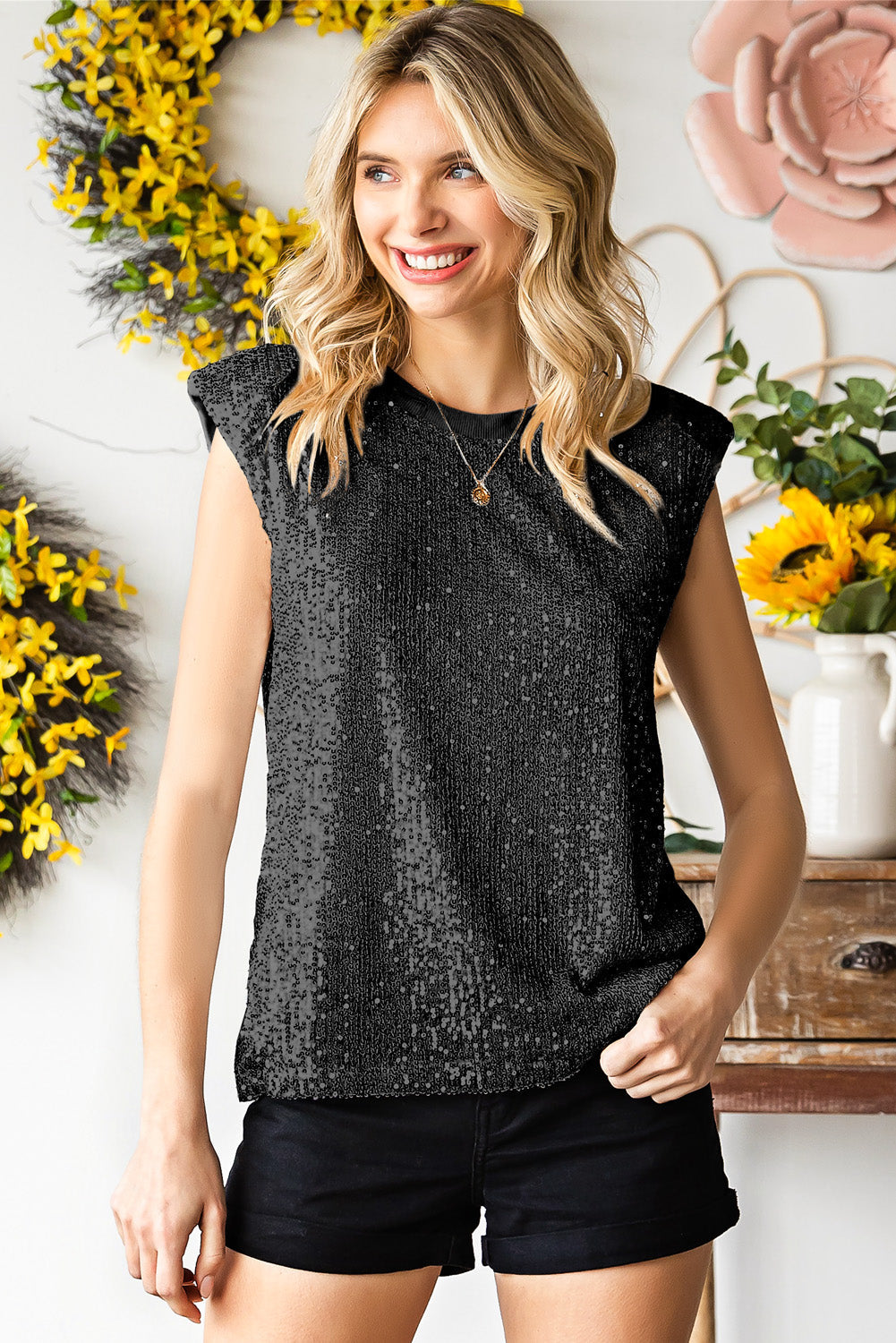 Sequin Round Neck Capped Sleeve Tank - Brinxx Couture