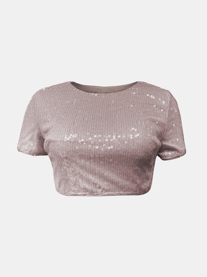 Sequin Round Neck Short Sleeve T-Shirt - Brinxx Couture